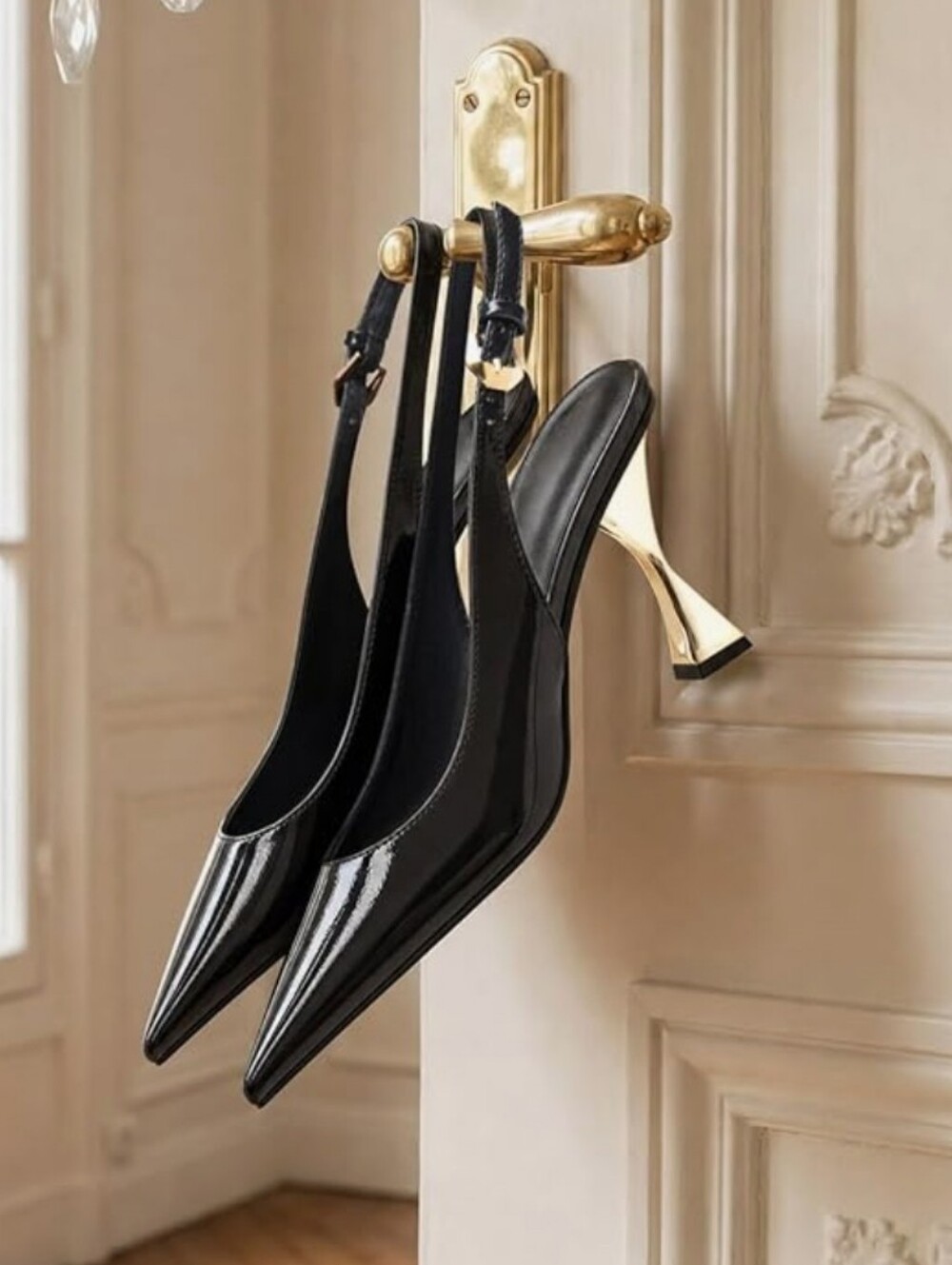 Patent Leather Slingback Pump with Sculpted Gold Heel - Black